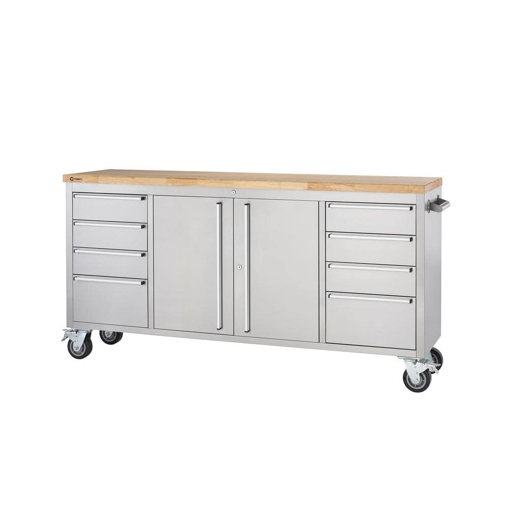 TRINITY 72 in. W x 19 in. D 8-Drawer Stainless-Steel Corner Rolling Mobile Workbench
