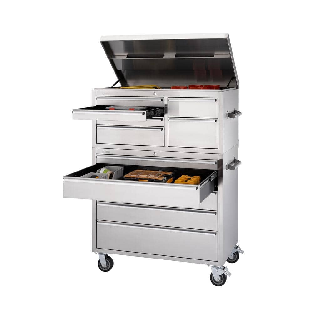 TRINITY 43 in. W x 25 in. D 11-Drawer Stainless Steel Rolling Tool Chest Combo