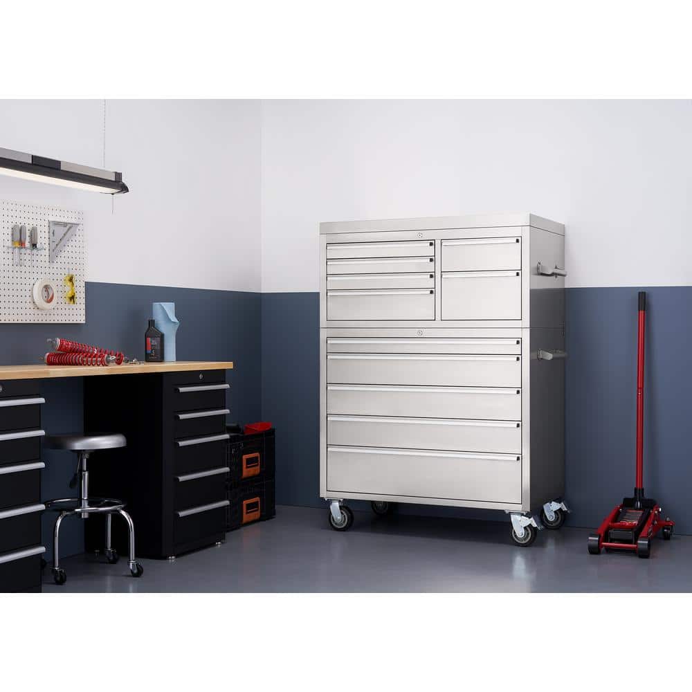 TRINITY 43 in. W x 25 in. D 11-Drawer Stainless Steel Rolling Tool Chest Combo