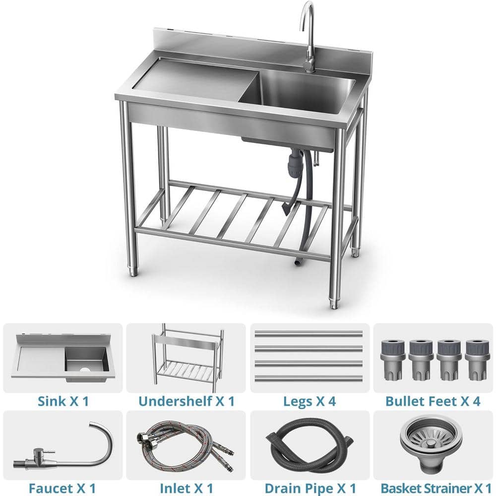 UKISHIRO 19.6 in. D x 39.3 in. W 7.8 gal. Freestanding Laundry/Utility Sink in Stainless Steel with Faucet