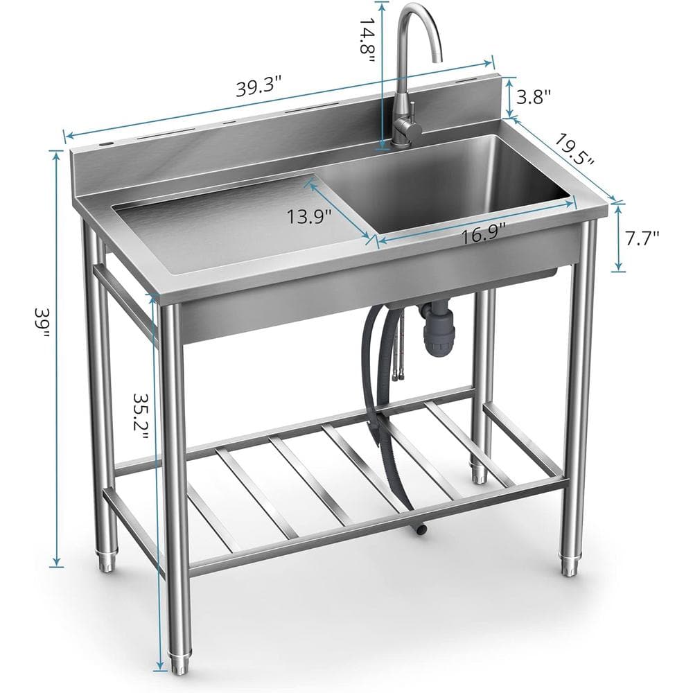 UKISHIRO 19.6 in. D x 39.3 in. W 7.8 gal. Freestanding Laundry/Utility Sink in Stainless Steel with Faucet