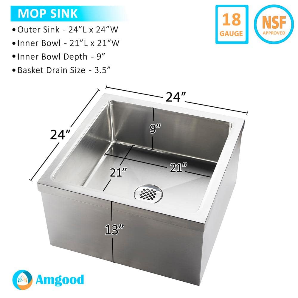 AMGOOD 24" x 24" x 13" Stainless Steel Floor Mop Sink