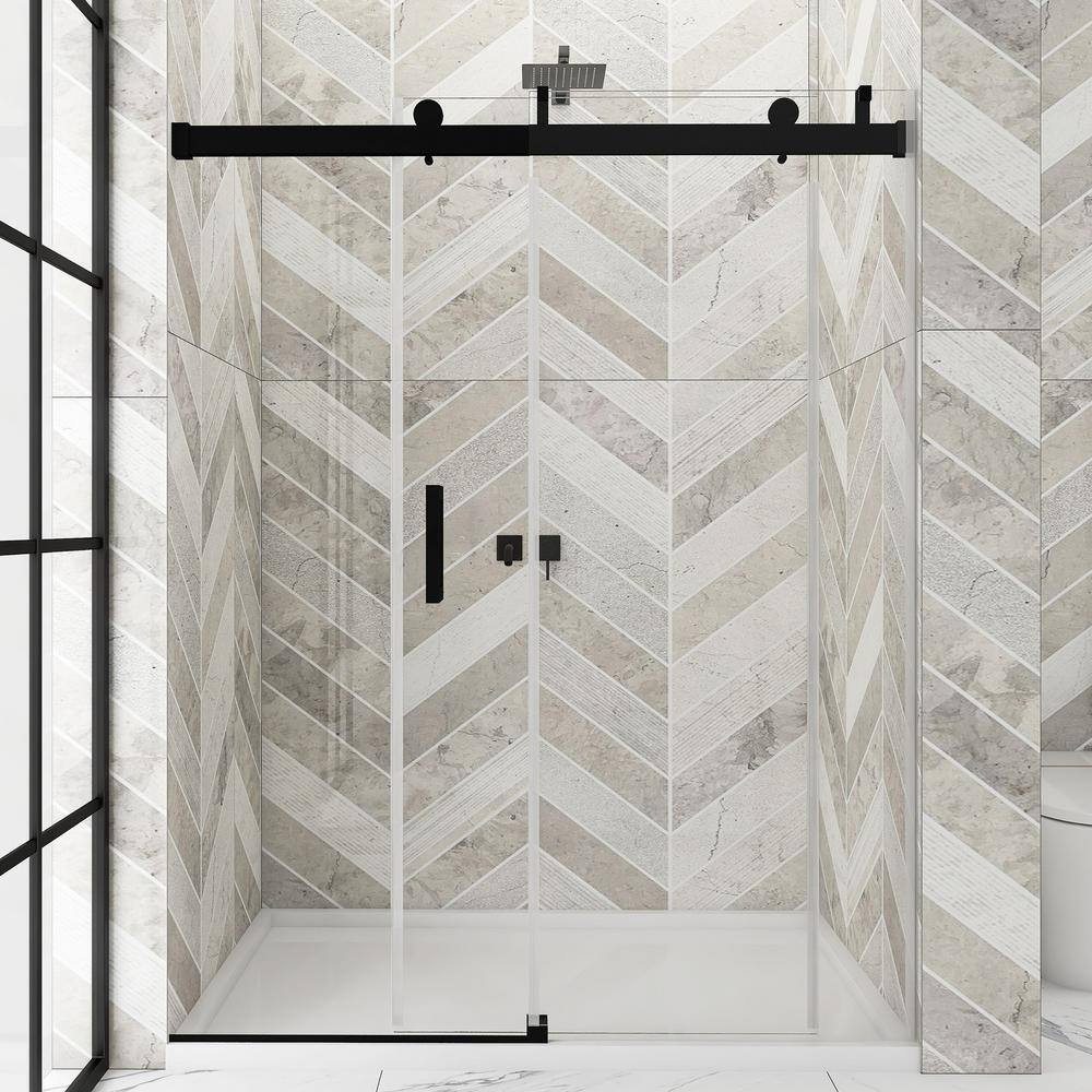 Staykiwi 72 in. W x 76 in. H Single Sliding Frameless Shower Door in Matte Black Finish with Buffer