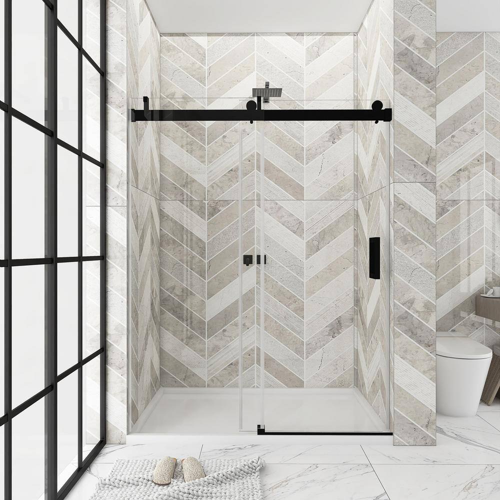 Staykiwi 72 in. W x 76 in. H Single Sliding Frameless Shower Door in Matte Black Finish with Buffer