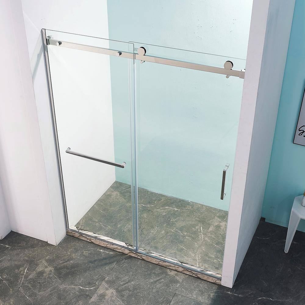 Staykiwi 60 in. W x 75 in. H Sliding Semi-Frameless Shower Door in Brushed Nickel Finish with Clear Glass