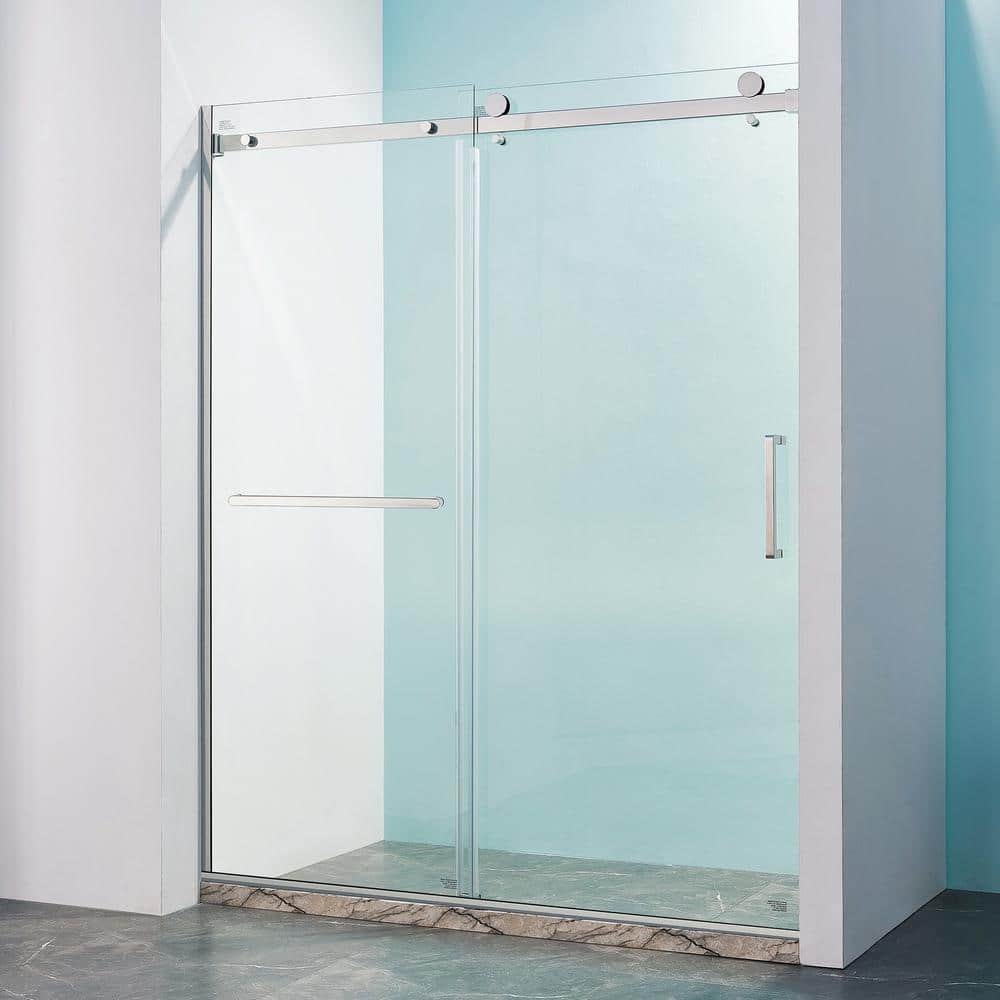 Staykiwi 60 in. W x 75 in. H Sliding Semi-Frameless Shower Door in Brushed Nickel Finish with Clear Glass
