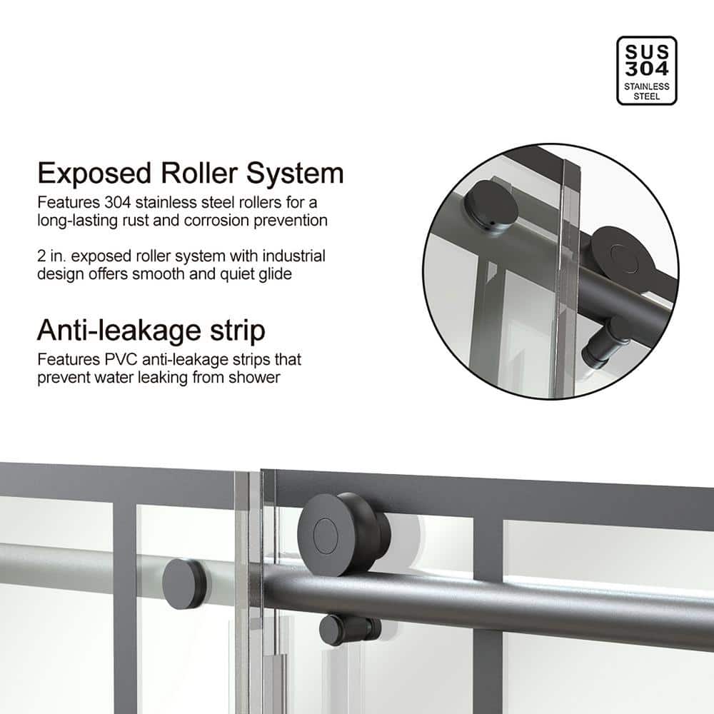 Staykiwi 60 in. W x 76 in. H Sliding Semi-Frameless Shower Door in Matte Black Finish with Patterned Glass
