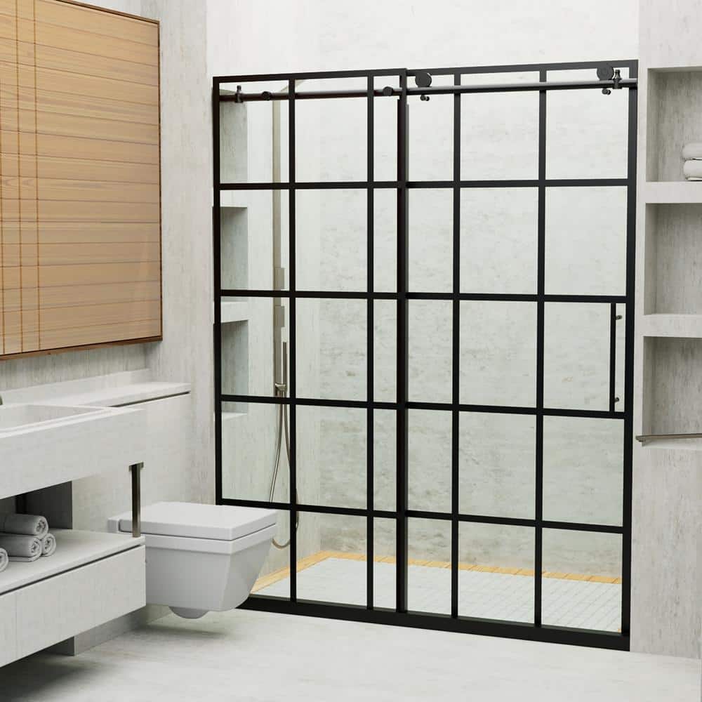 Staykiwi 60 in. W x 76 in. H Sliding Semi-Frameless Shower Door in Matte Black Finish with Patterned Glass