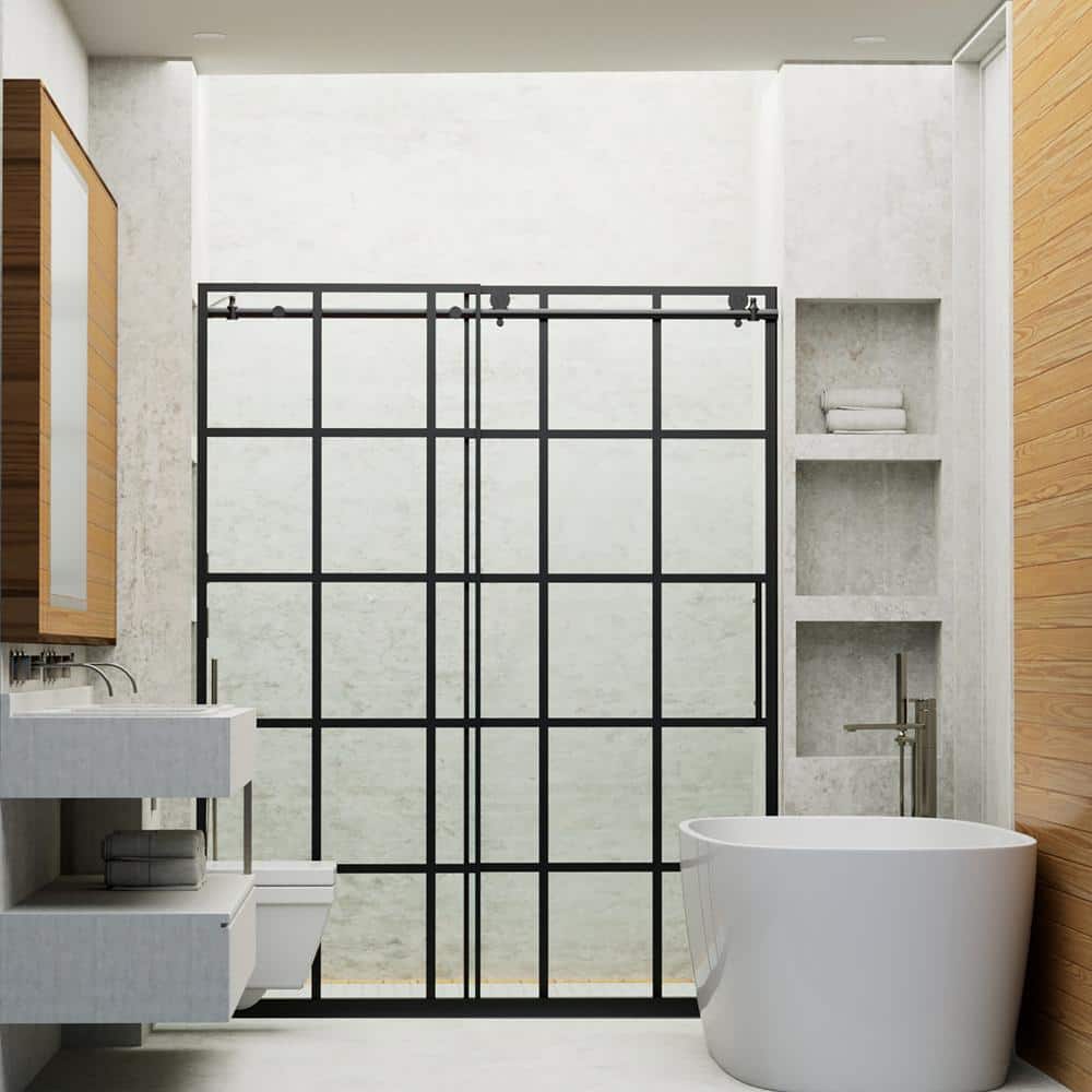 Staykiwi 60 in. W x 76 in. H Sliding Semi-Frameless Shower Door in Matte Black Finish with Patterned Glass