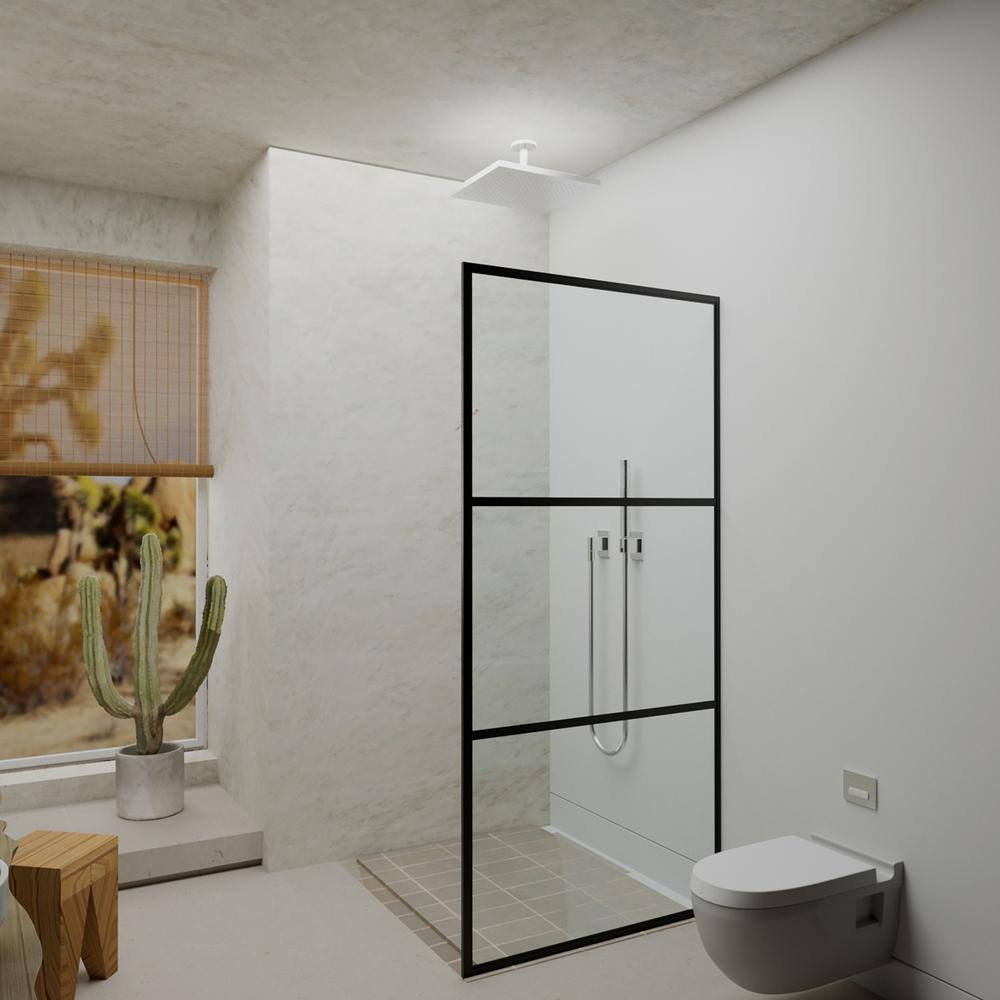 Staykiwi 34 in. W x 72 in. H Fixed Framed Shower Panel in Matte Black Finish with Patterned Glass