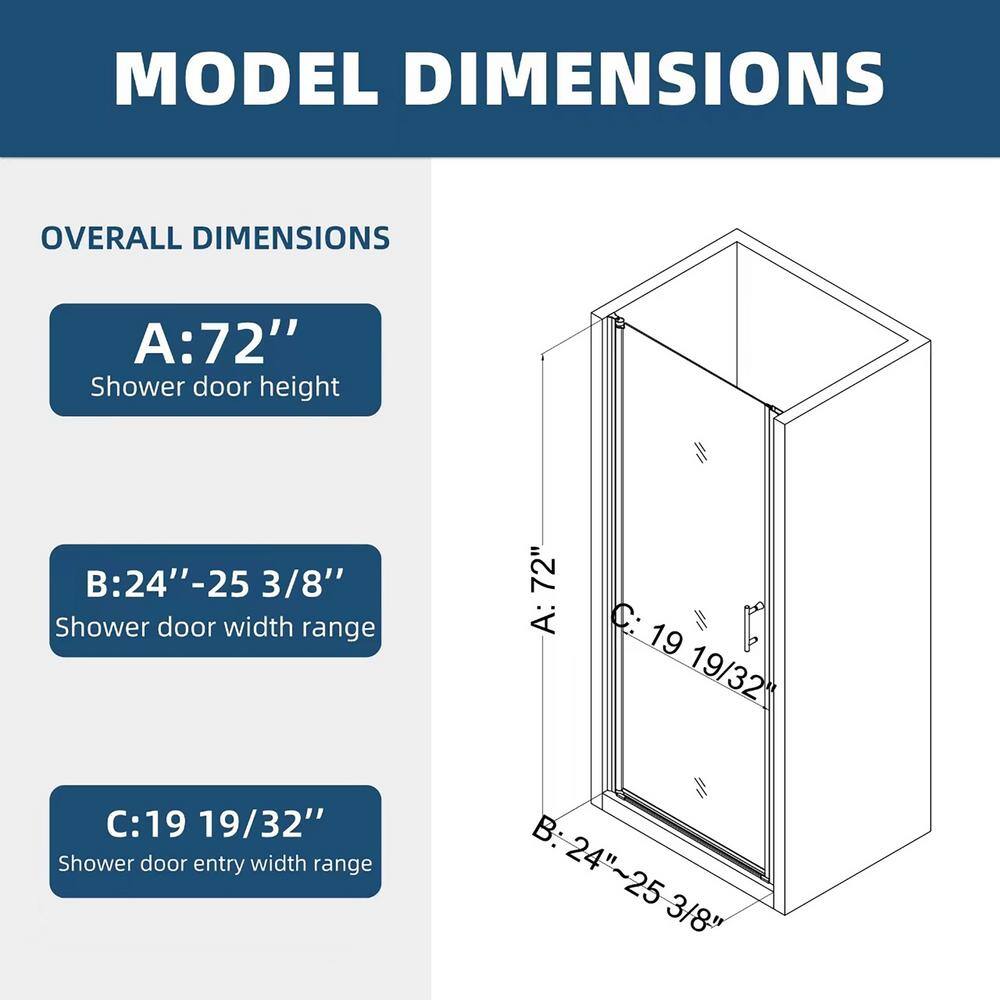 Staykiwi 24 to 25.37 in. W x 72 in. H Semi Frameless Pivot Shower Door in Chrome Finish with Clear Tempered Glass