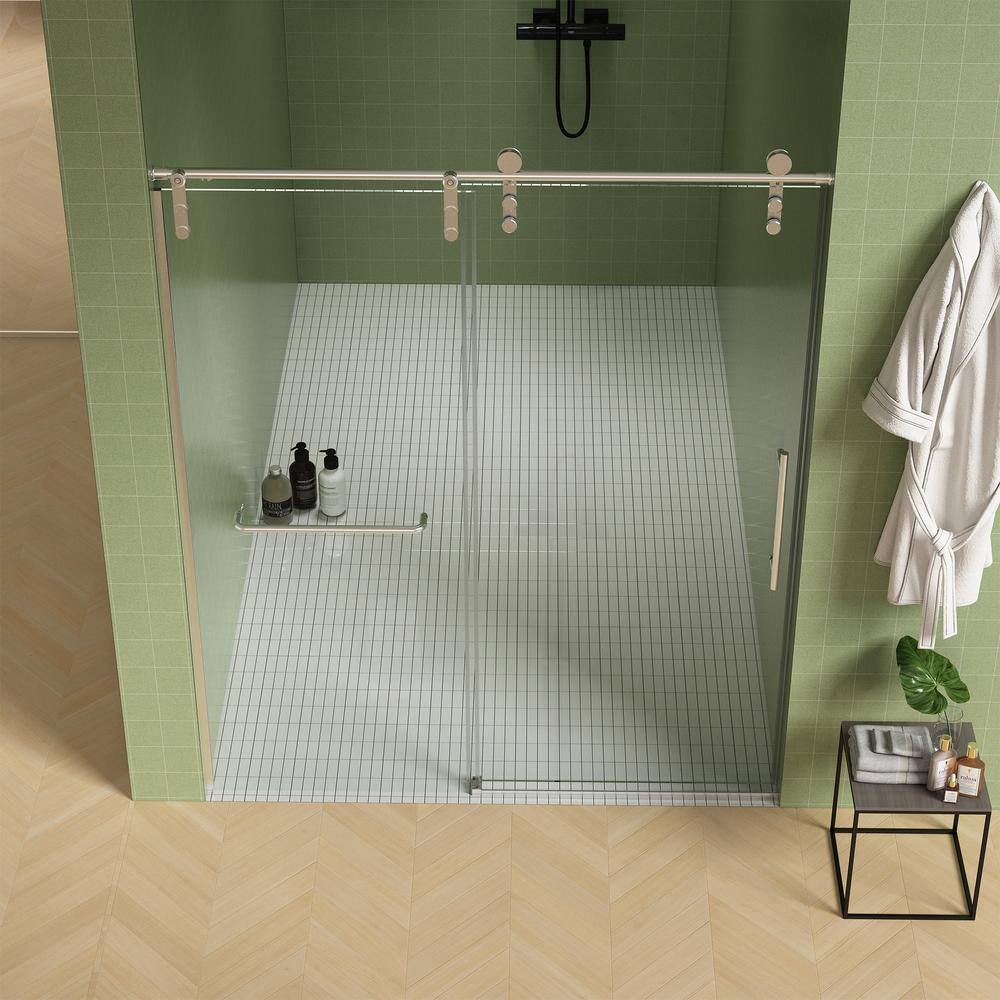 Staykiwi 60 in. W x 70.68 in. H Sliding Frameless Shower Door in Nickel Finish with Clear Glass