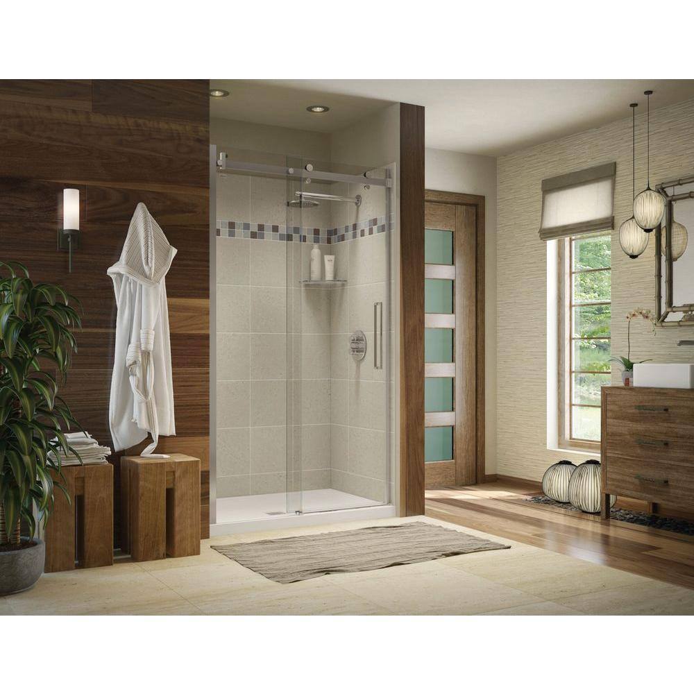 Utile Stone 32 in. x 48 in. x 83.5 in. Alcove Shower Stall in Sahara with Center Drain Base in White