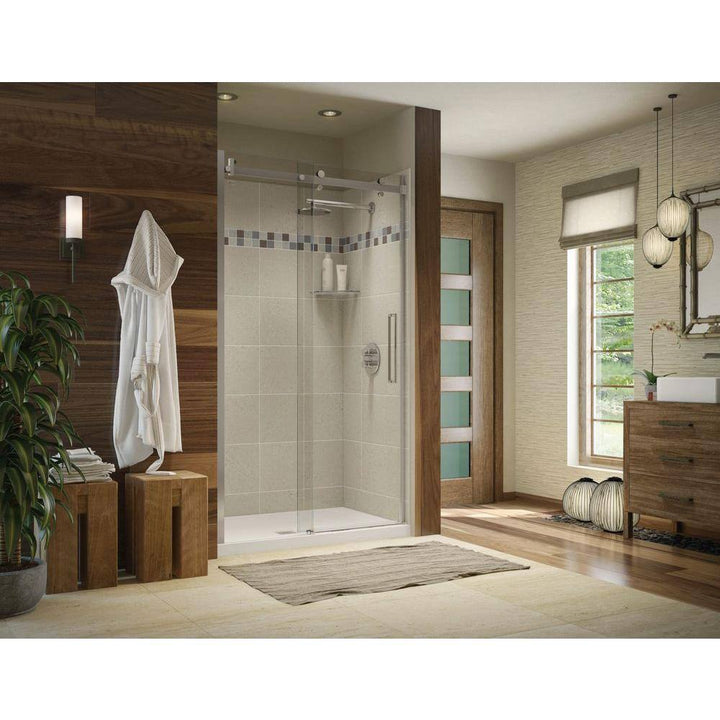 Utile Stone 32 in. x 48 in. x 83.5 in. Alcove Shower Stall in Sahara with Center Drain Base in White