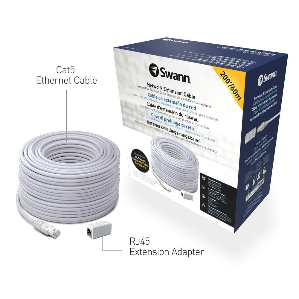 Swann 200 ft./60 m Cat5 Ethernet Cable, NVR Extension Cord for PoE Security Camera