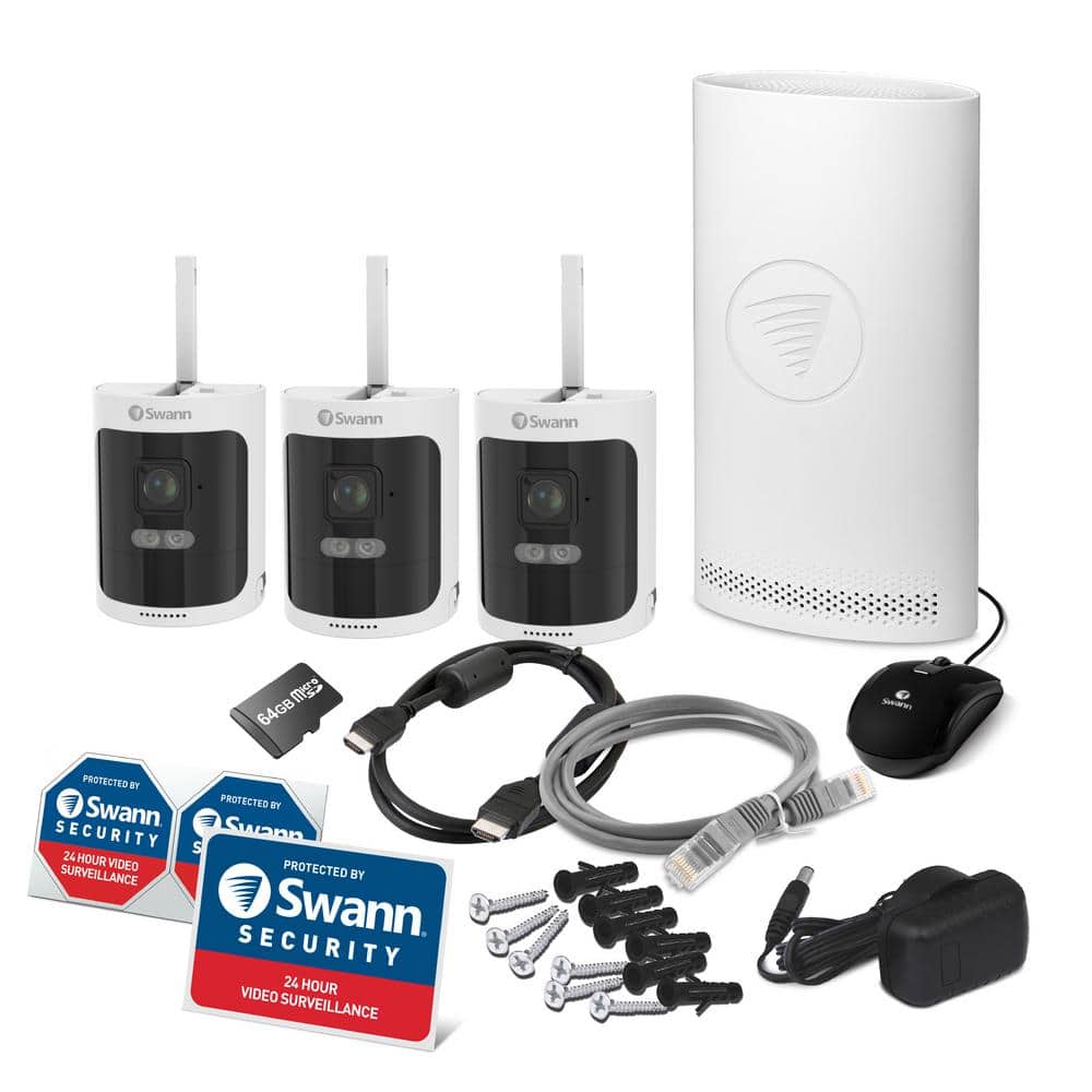 Swann AllSecure600 8-Channel 2K Wire-Free HD Wireless 64GB Micro SD NVR Security Camera System with 3 Wi-Fi Bullet Cameras