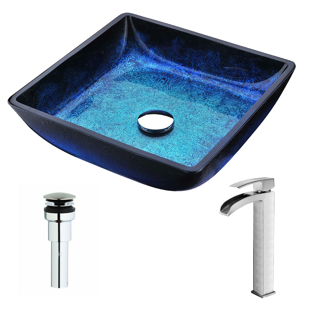 ANZZI Viace Series Deco-Glass Vessel Sink in Blazing Blue with Key Faucet in Brushed Nickel