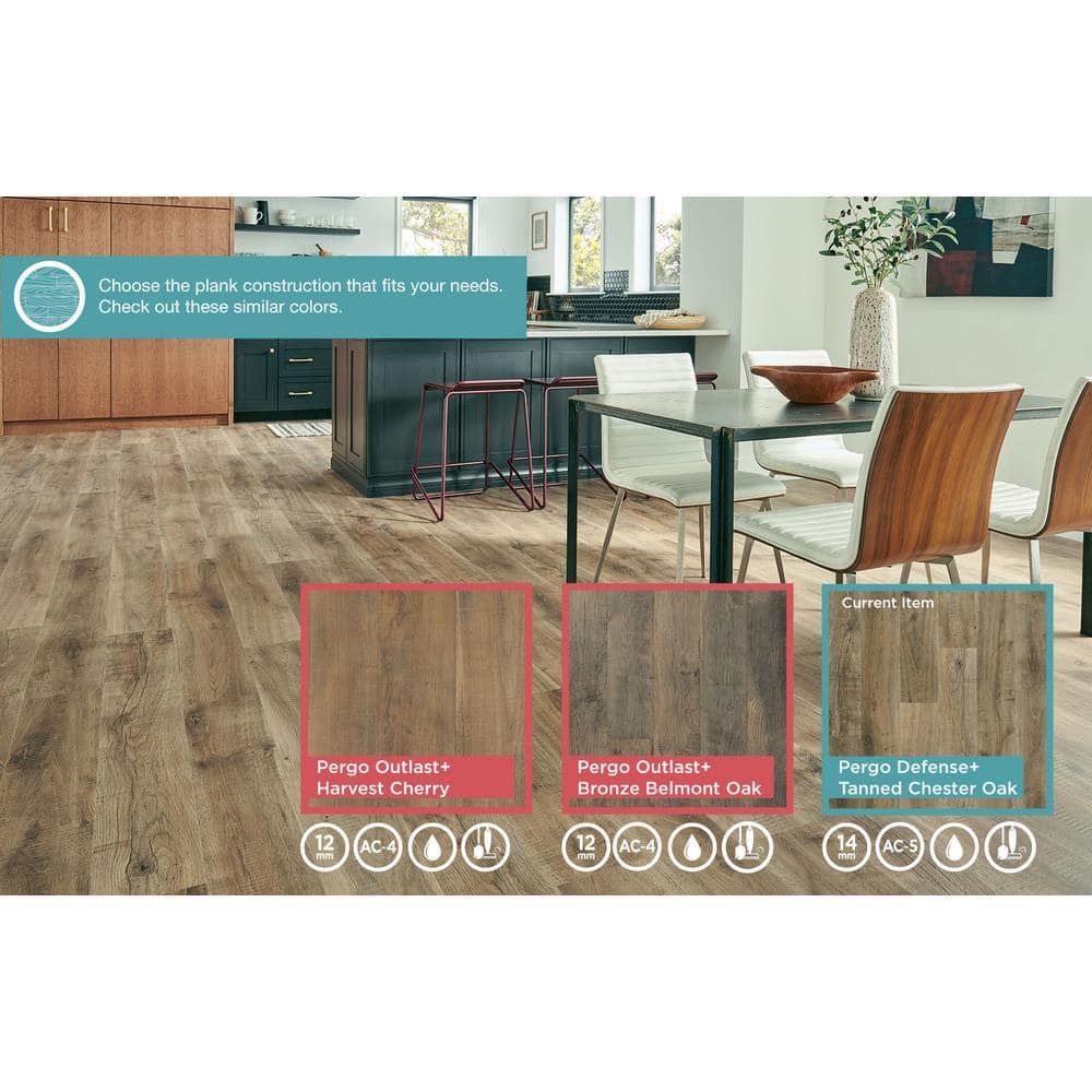 Pergo Defense+ Tanned Chester Oak 14 mm T x 7.4 in. W Waterproof Laminate Wood Flooring (17.18 sqft/case)