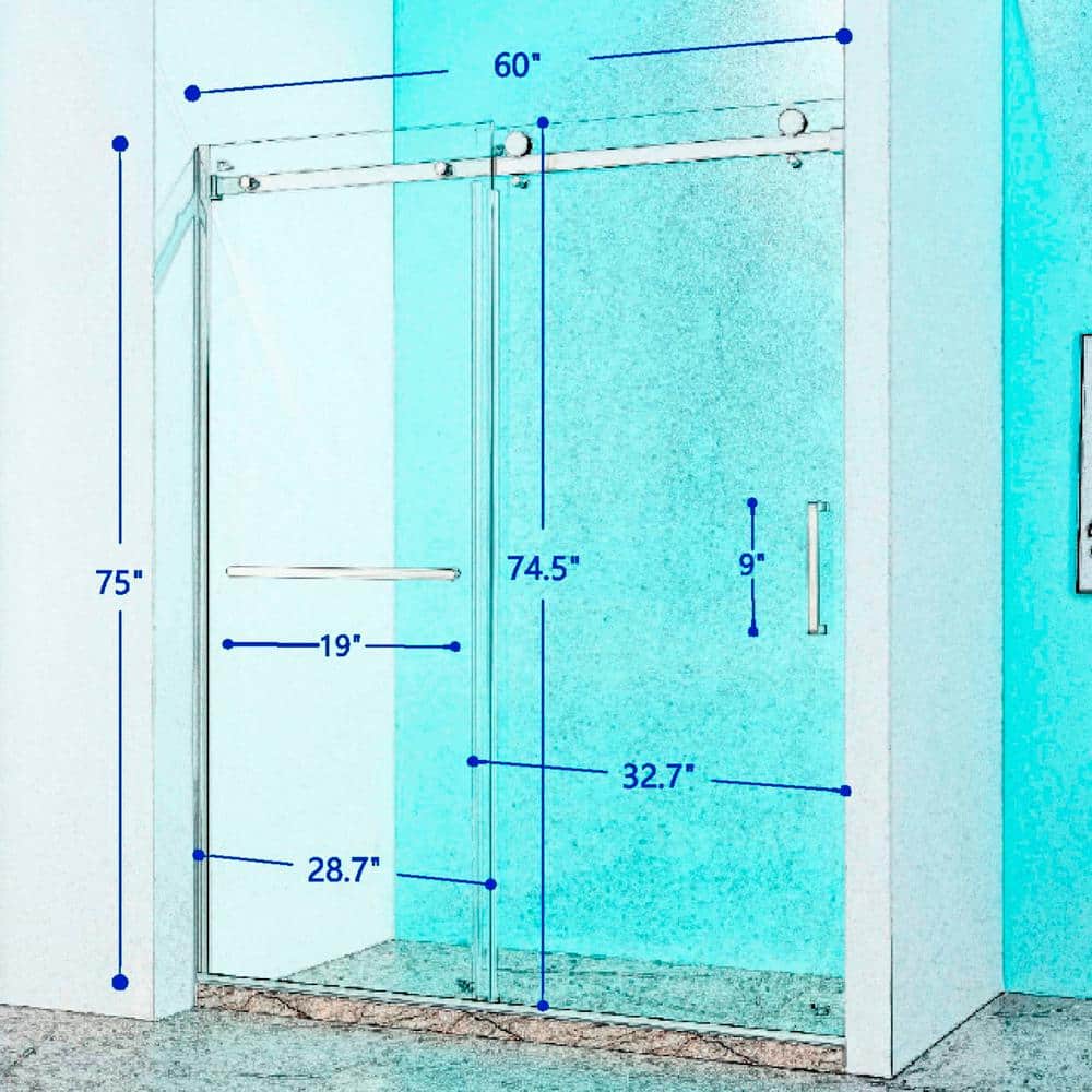Tenleaf 56 to 60 in. W x 75 in. H Single Sliding Semi-Frameless Shower Door in Brushed Nickel with Clear Glass
