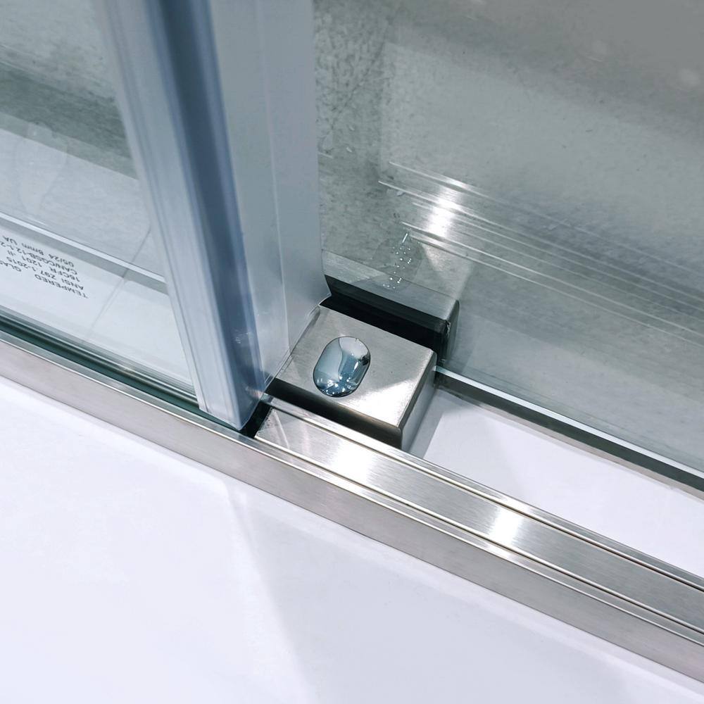 Tenleaf 56 to 60 in. W x 75 in. H Single Sliding Semi-Frameless Shower Door in Brushed Nickel with Clear Glass