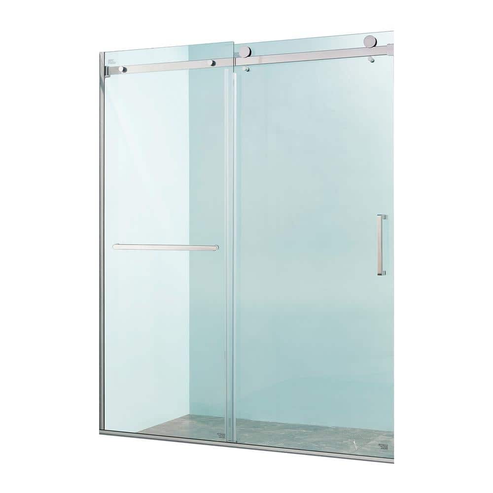 Tenleaf 56 to 60 in. W x 75 in. H Single Sliding Semi-Frameless Shower Door in Brushed Nickel with Clear Glass