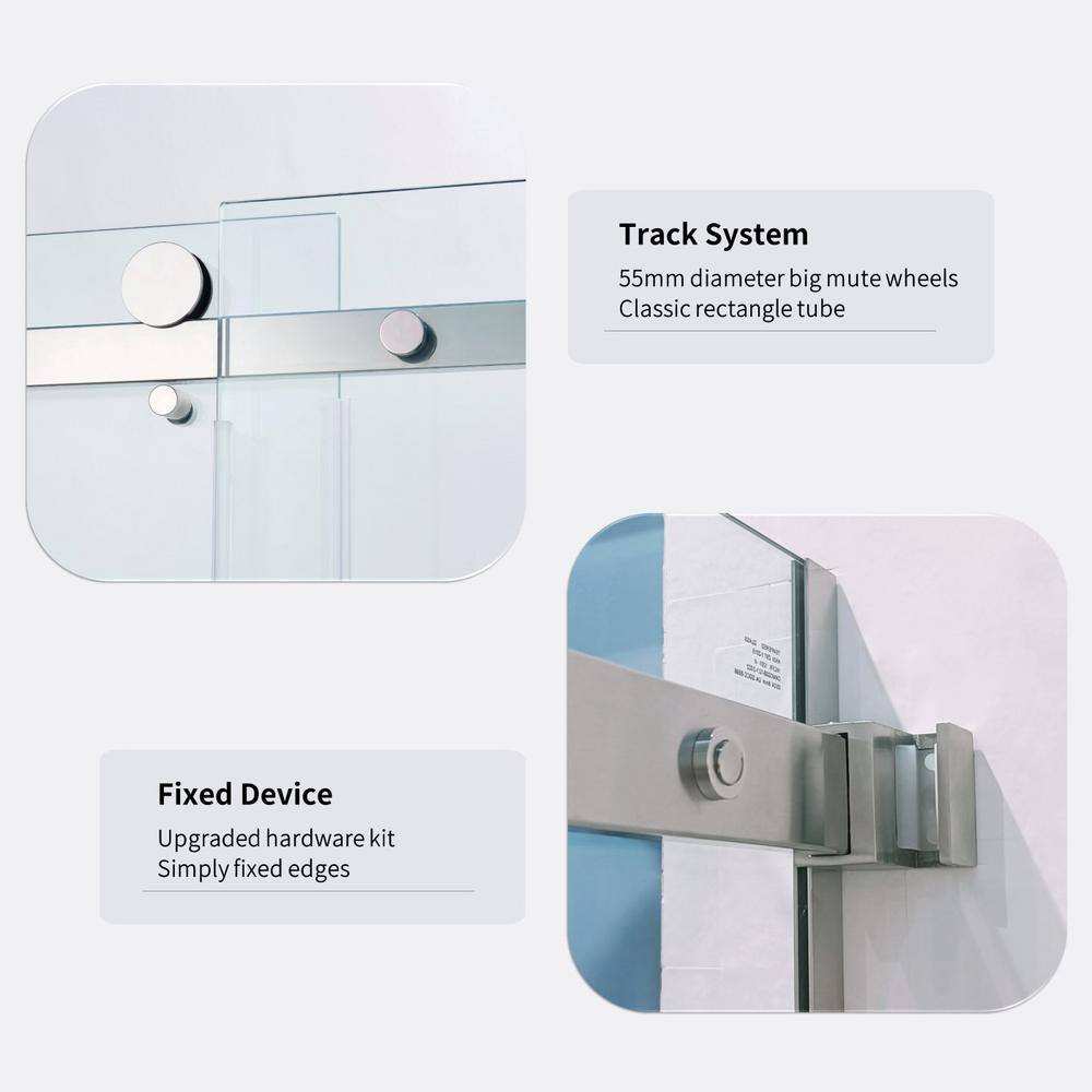 Tenleaf 56 to 60 in. W x 75 in. H Single Sliding Semi-Frameless Shower Door in Brushed Nickel with Clear Glass