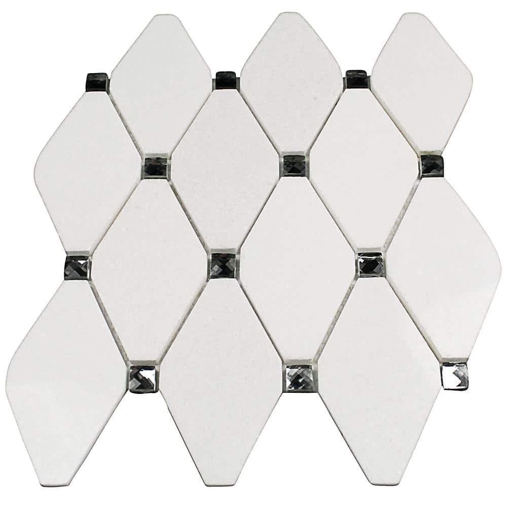 Mirage Lozenge Thassos 11.25 in. x 10.5 in. x 8 mm Marble and Glass Wall Mosaic Tile