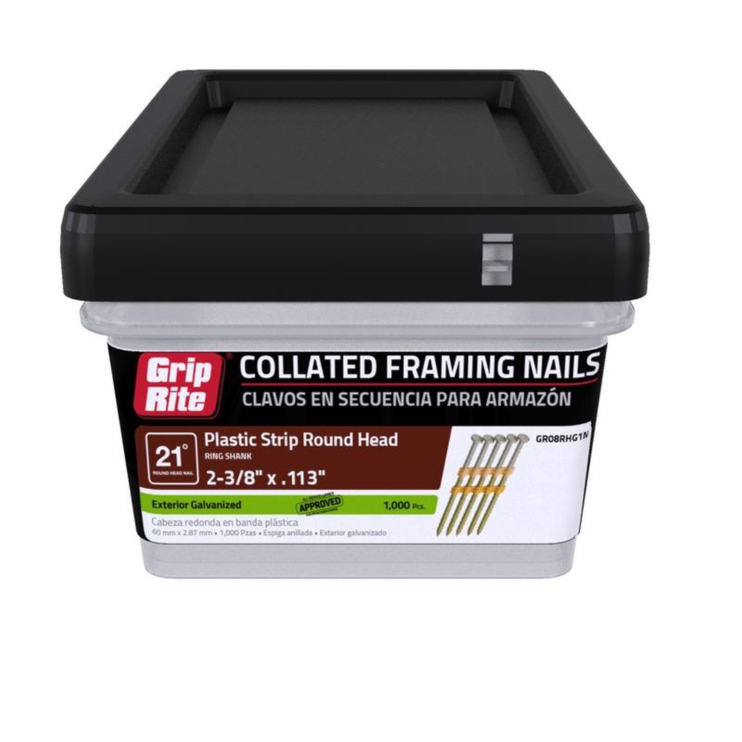 Grip-Rite 21 Degree Plastic Strip Round Head HDG Framing Nails Bright Coated Smooth Shank 2-3/8" 5M/Box Mill