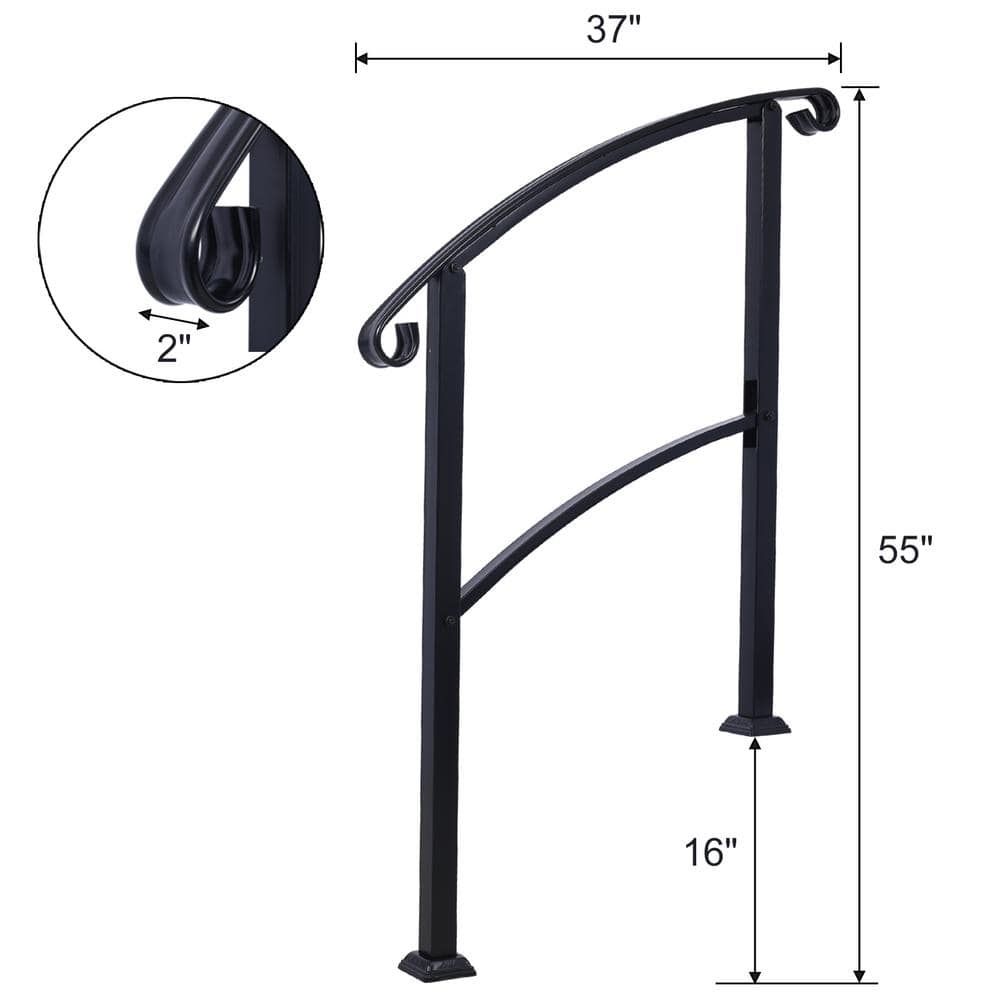 Tidoin 55 in. H x 37 in. W Black Steel Outdoor Stair Railing Kit Fit 1 or 3 Steps