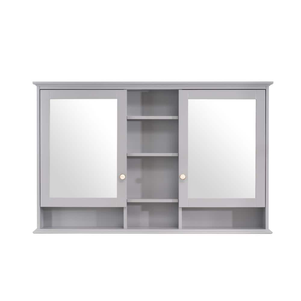 ANGELES HOME 55 in. W x 35 in. H Rectangular Solid Wood Bathroom Medicine Cabinet with Mirror, 2 Soft-Closed Doors, Easy Hang, Gray