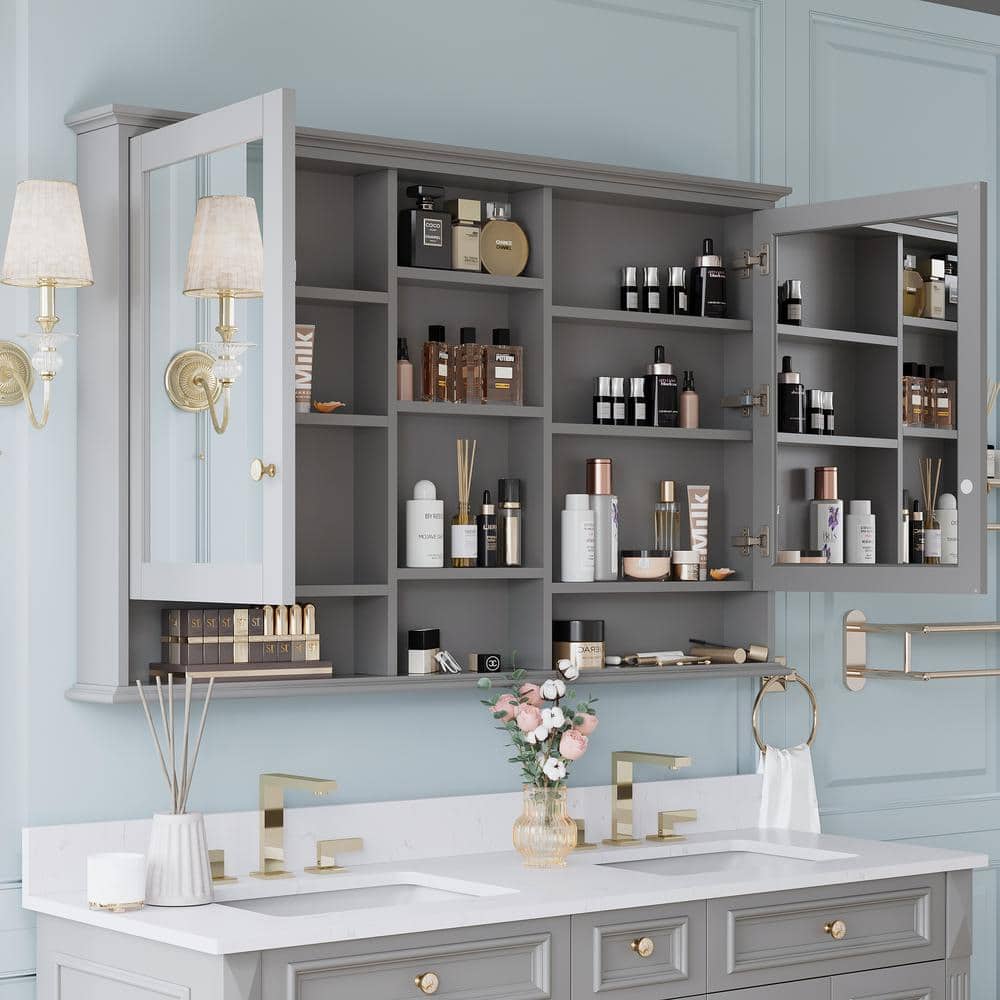 ANGELES HOME 55 in. W x 35 in. H Rectangular Solid Wood Bathroom Medicine Cabinet with Mirror, 2 Soft-Closed Doors, Easy Hang, Gray