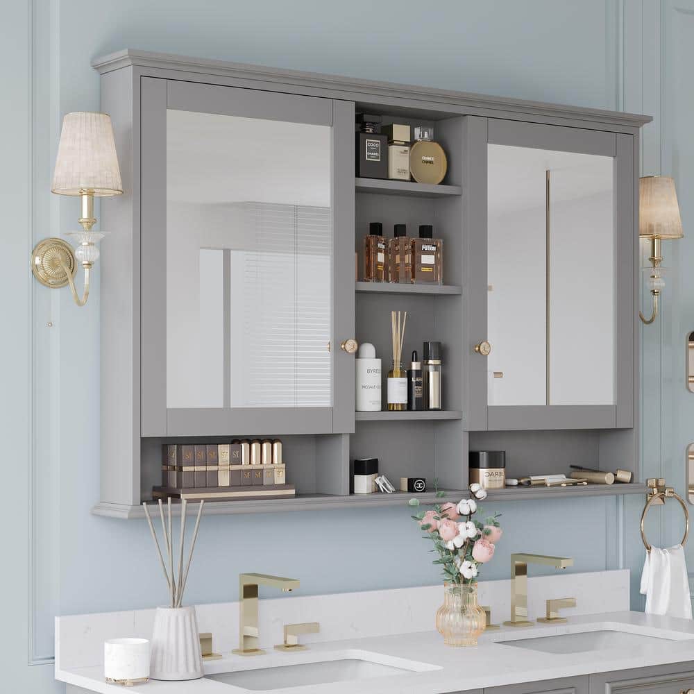 ANGELES HOME 55 in. W x 35 in. H Rectangular Solid Wood Bathroom Medicine Cabinet with Mirror, 2 Soft-Closed Doors, Easy Hang, Gray