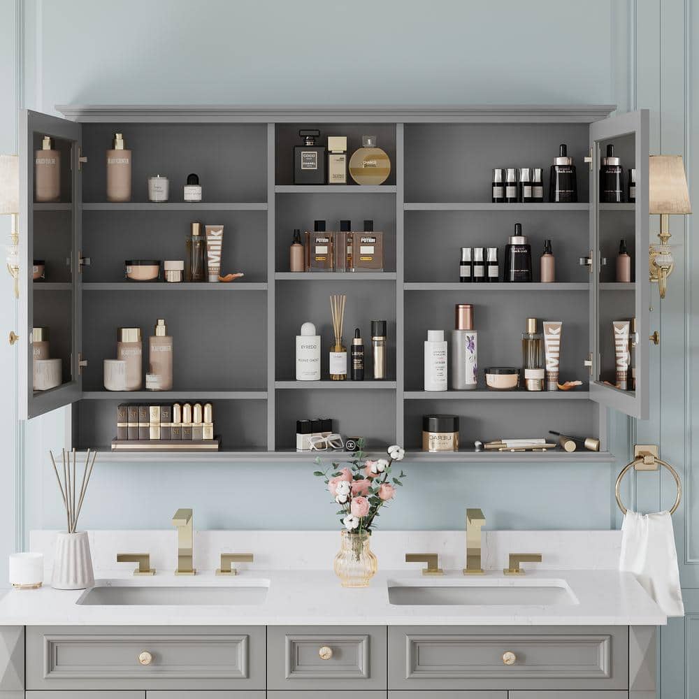 ANGELES HOME 55 in. W x 35 in. H Rectangular Solid Wood Bathroom Medicine Cabinet with Mirror, 2 Soft-Closed Doors, Easy Hang, Gray
