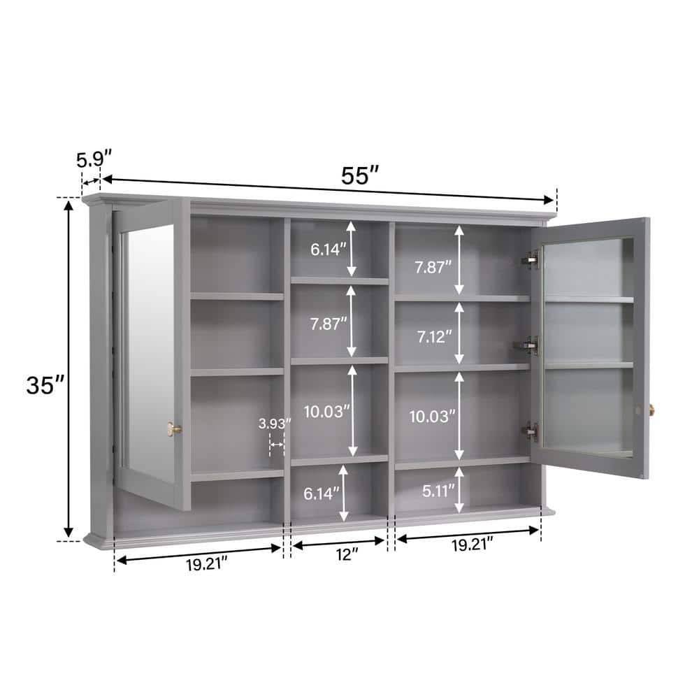 ANGELES HOME 55 in. W x 35 in. H Rectangular Solid Wood Bathroom Medicine Cabinet with Mirror, 2 Soft-Closed Doors, Easy Hang, Gray