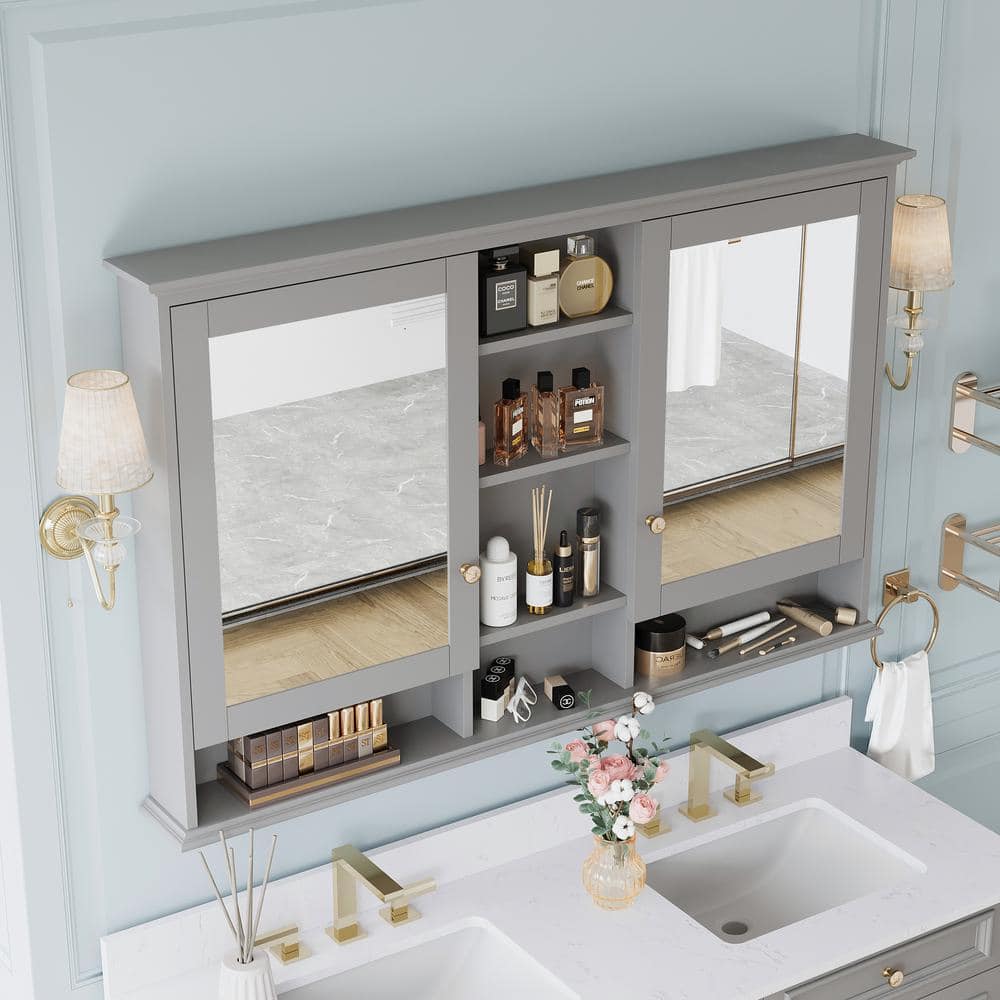 ANGELES HOME 55 in. W x 35 in. H Rectangular Solid Wood Bathroom Medicine Cabinet with Mirror, 2 Soft-Closed Doors, Easy Hang, Gray