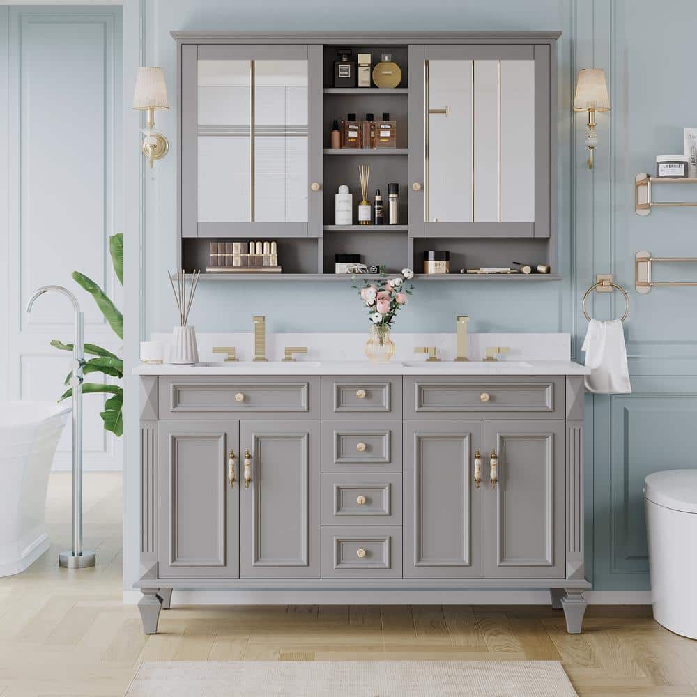 ANGELES HOME 55 in. W x 35 in. H Rectangular Solid Wood Bathroom Medicine Cabinet with Mirror, 2 Soft-Closed Doors, Easy Hang, Gray