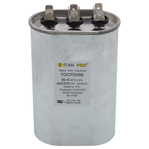 Titan Pro TOCFD355 capacitor - front view (Product Type: Capacitor; Voltage: 440/370V)