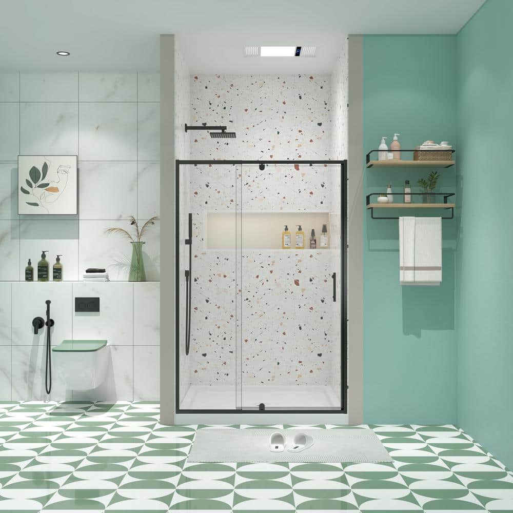 TOOLKISS 44 to 48 in. W x 71 in. H Framed Pivot Shower Door in Black with Clear Glass