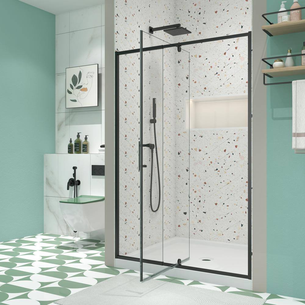 TOOLKISS 44 to 48 in. W x 71 in. H Framed Pivot Shower Door in Black with Clear Glass