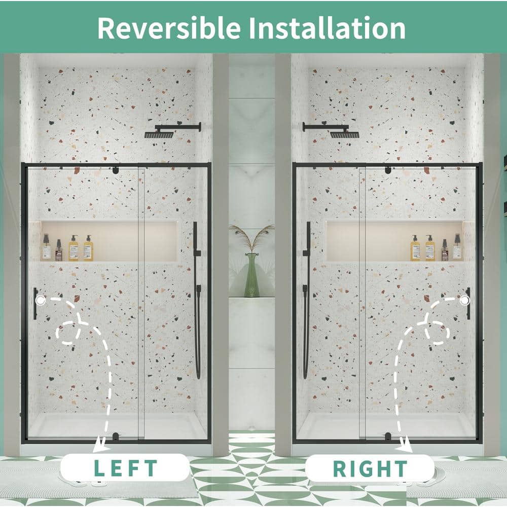 TOOLKISS 44 to 48 in. W x 71 in. H Framed Pivot Shower Door in Black with Clear Glass