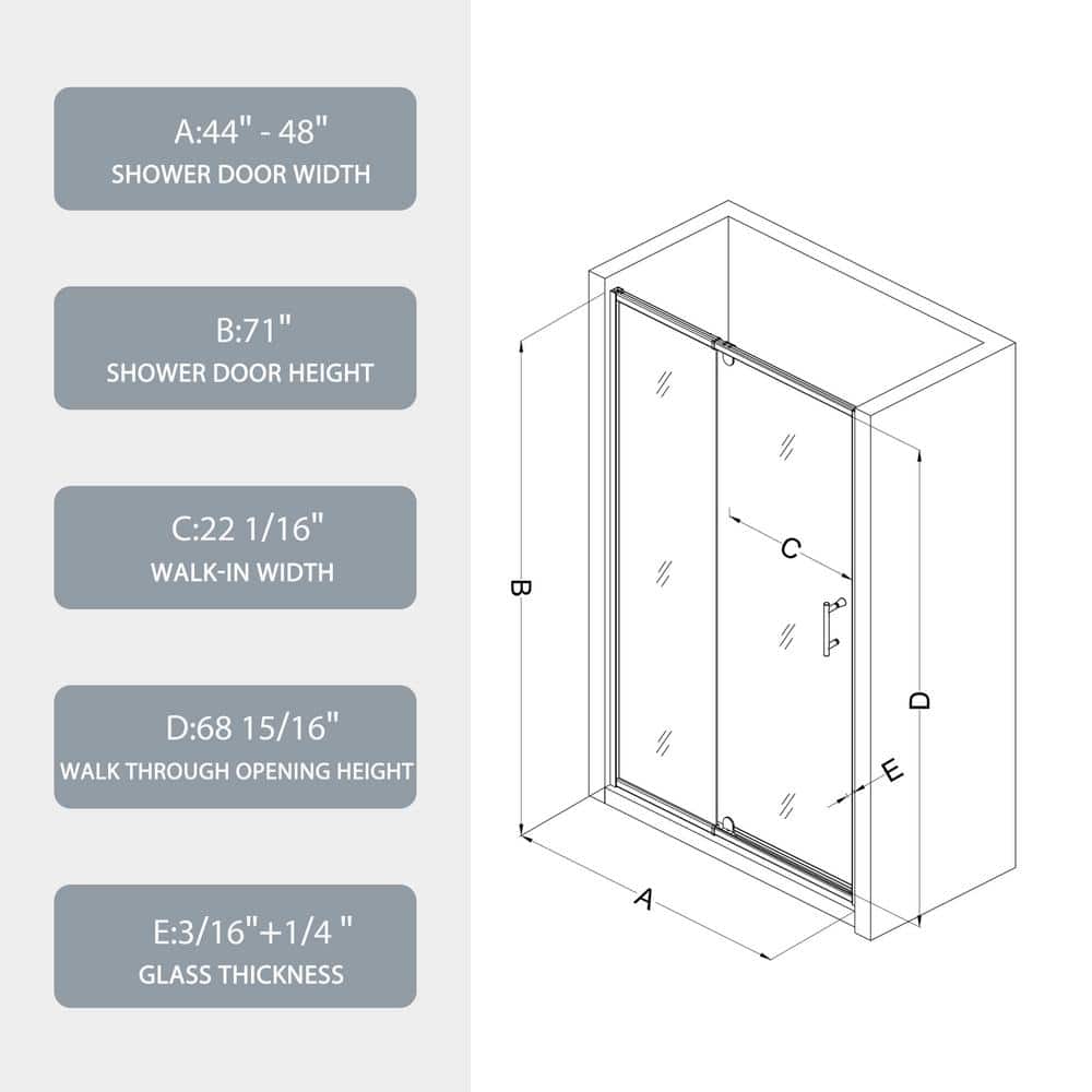 TOOLKISS 44 to 48 in. W x 71 in. H Framed Pivot Shower Door in Black with Clear Glass