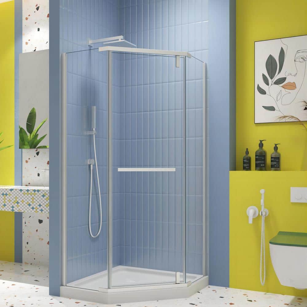 TOOLKISS 34.75 in. W x 72 in. H Neo-Angle Pivot Semi Frameless Corner Shower Enclosure in White with Clear Glass