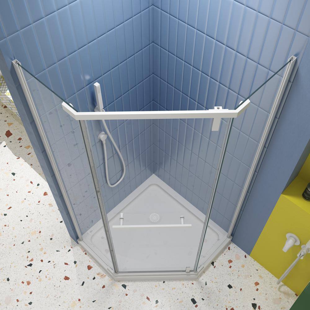 TOOLKISS 34.75 in. W x 72 in. H Neo-Angle Pivot Semi Frameless Corner Shower Enclosure in White with Clear Glass
