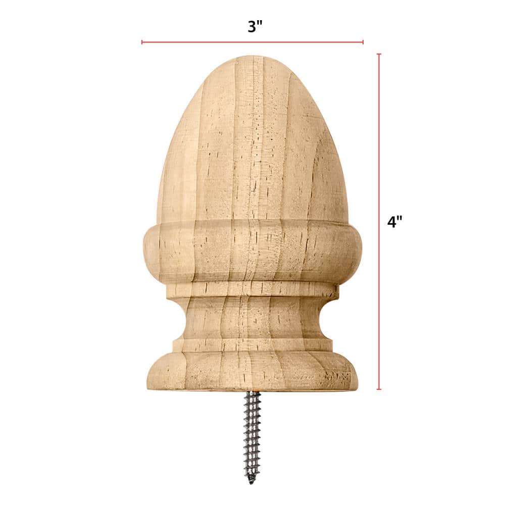 Waddell Acorn Post Top with Pre-Installed Screw - 4 in. x 3 in. - Unfinished Sanded Pine - DIY Porch and Fence Decor