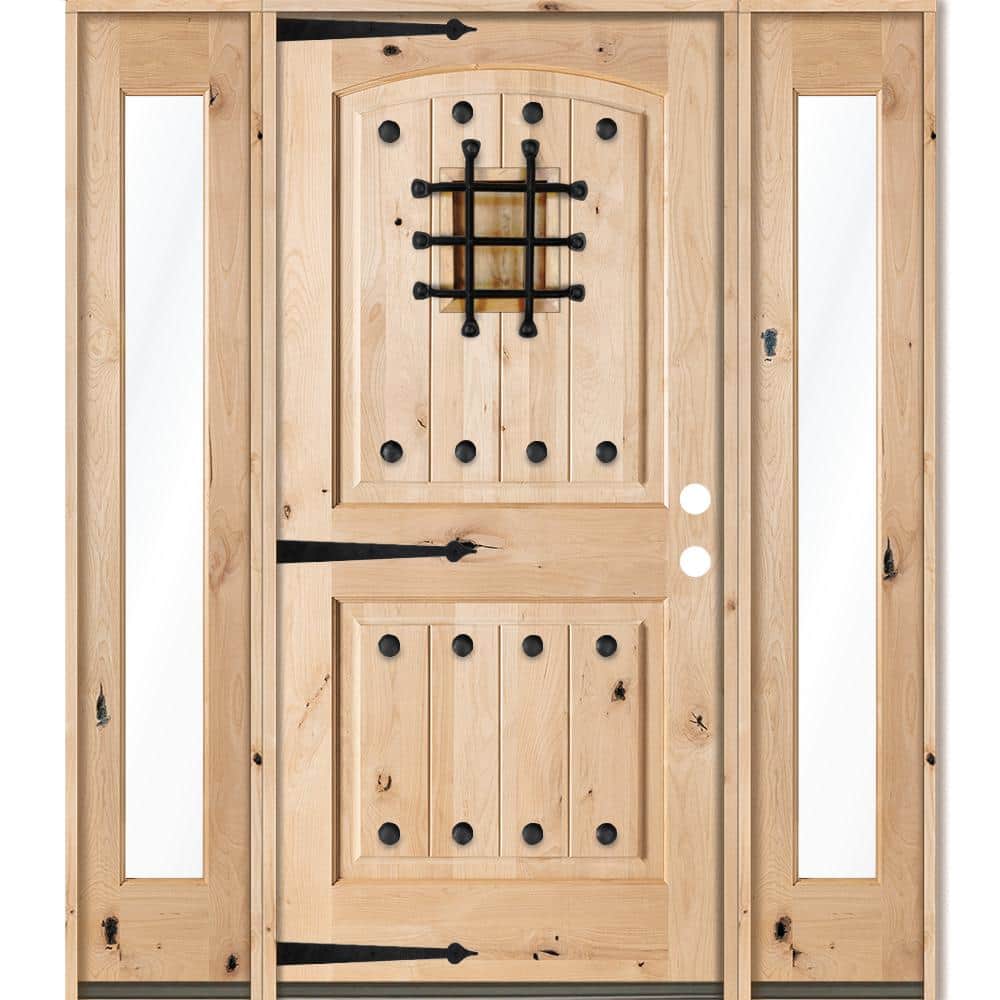 Krosswood Doors 64 in. x 80 in. Mediterranean Alder Arch Top Clear Low‑E Unfinished Wood Left‑Hand Prehung Front Door with Full Sidelites
