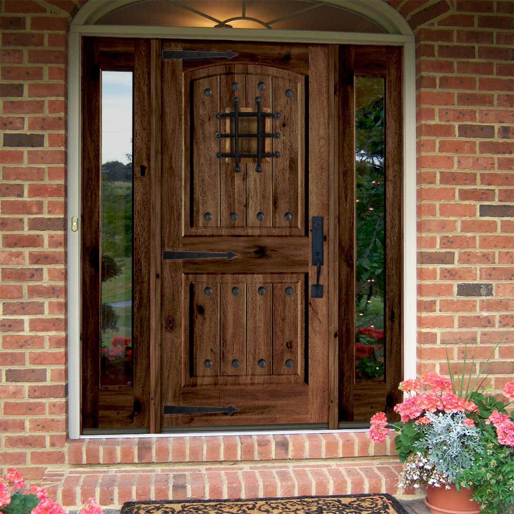 Krosswood Doors 64 in. x 80 in. Mediterranean Alder Arch Top Clear Low‑E Unfinished Wood Left‑Hand Prehung Front Door with Full Sidelites