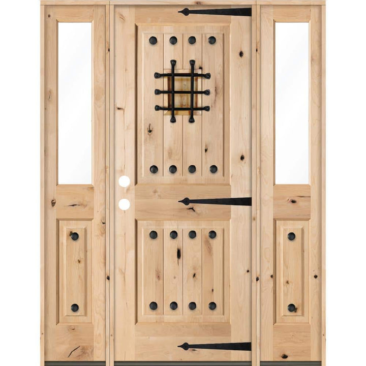 60 in. x 80 in. Mediterranean Alder Sq-Top Clear Low-E Unfinished Wood Right-Hand Prehung Front Door with Half Sidelites by Krosswood Doors