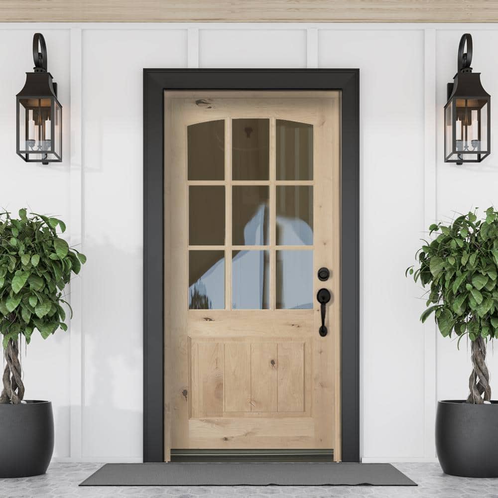36 in. x 80 in. Krosswood Doors Knotty Alder Left-Hand/Inswing 9-Lite Arch Top V-Panel Clear Glass Unfinished Wood Prehung Front Door