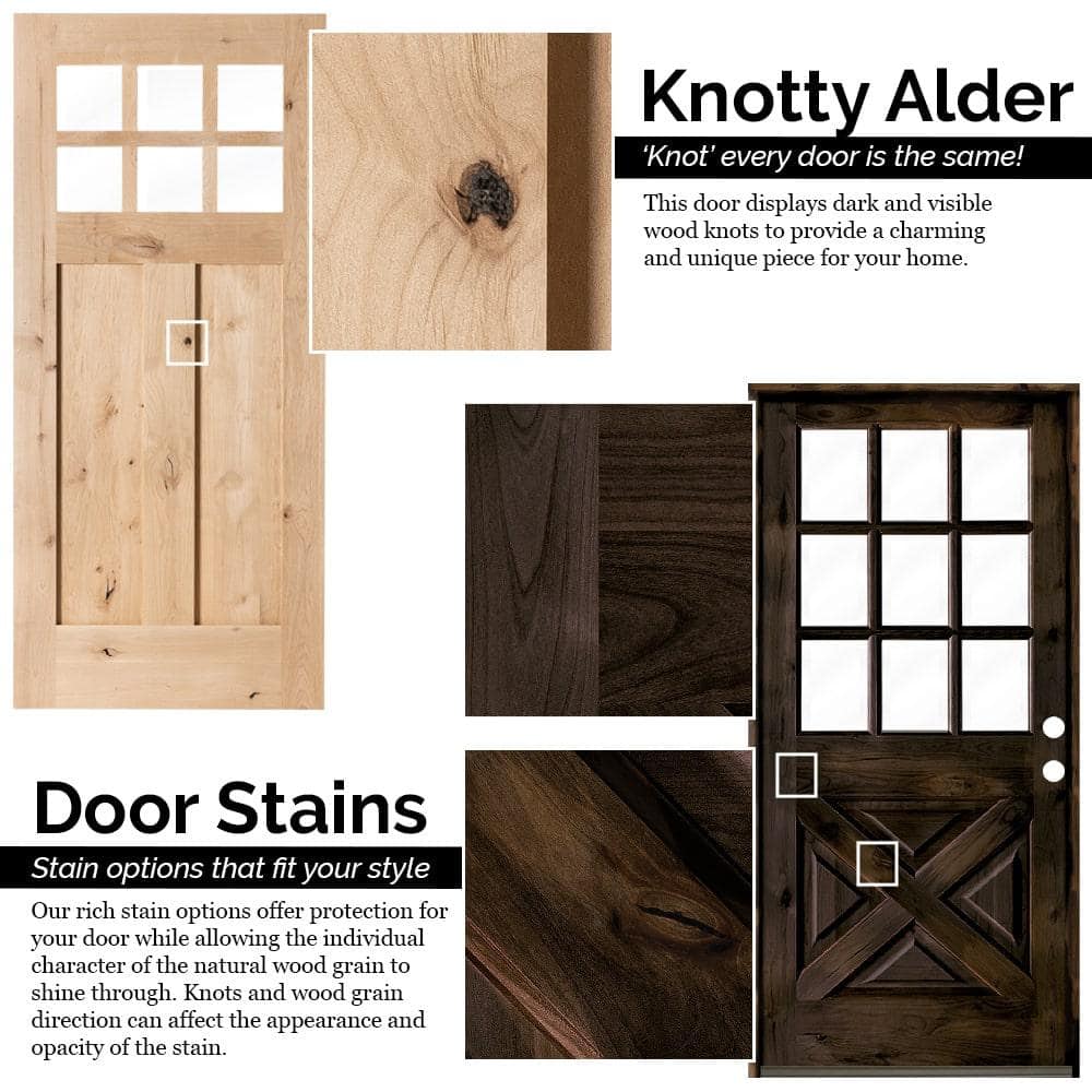 36 in. x 80 in. Krosswood Doors Knotty Alder Left-Hand/Inswing 9-Lite Arch Top V-Panel Clear Glass Unfinished Wood Prehung Front Door