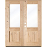 Krosswood Doors 64 in. x 96 in. Rustic Knotty Alder Clear Half-Lite Unfinished Wood with V-Groove Right Active Double Prehung Front Door